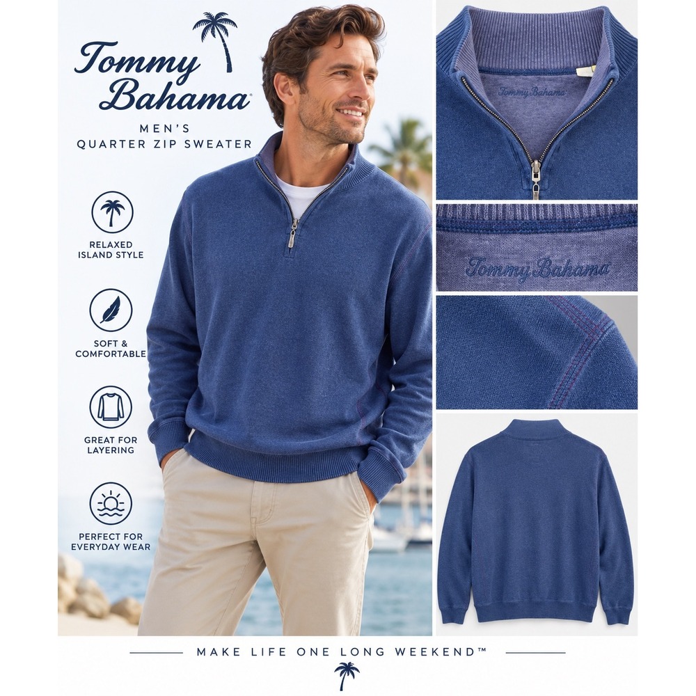 Tommy Bahama Mens Quarter Zip Sweater Blue 100% Cotton Pullover Large